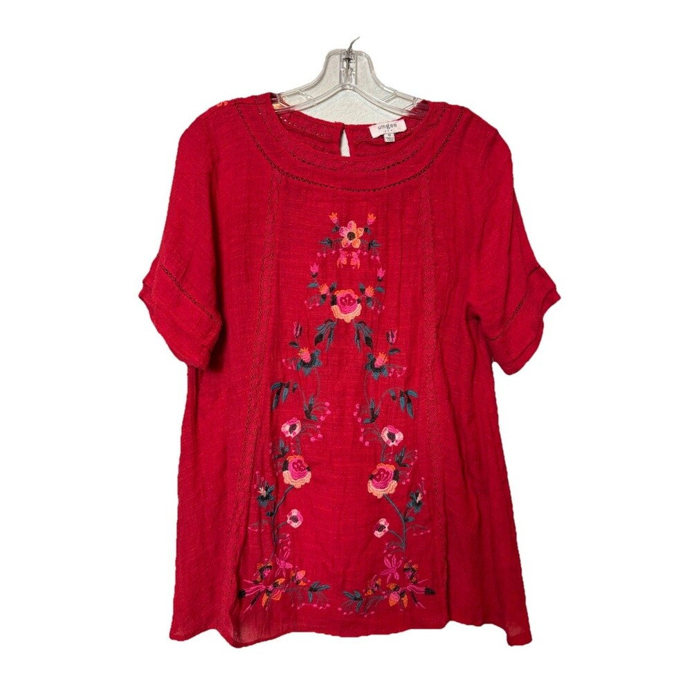 Umgee Aya Women's Boho Chic Red Floral Embroidered Short Sleeve Blouse Size M